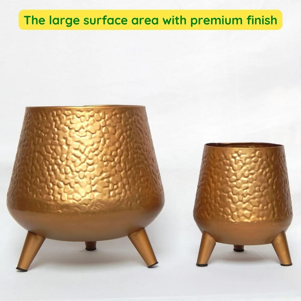 Golden Hand-hammered Set of 2 Indoor Metal Plant Stand with Pot