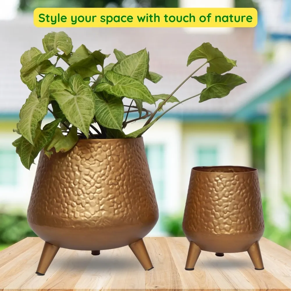 Golden Hand-hammered Set of 2 Indoor Metal Plant Stand with Pot