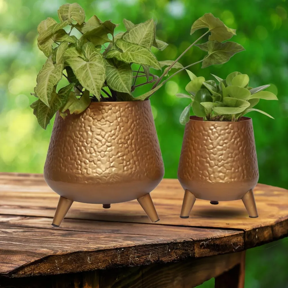 Golden Hand-hammered Set of 2 Indoor Metal Plant Stand with Pot
