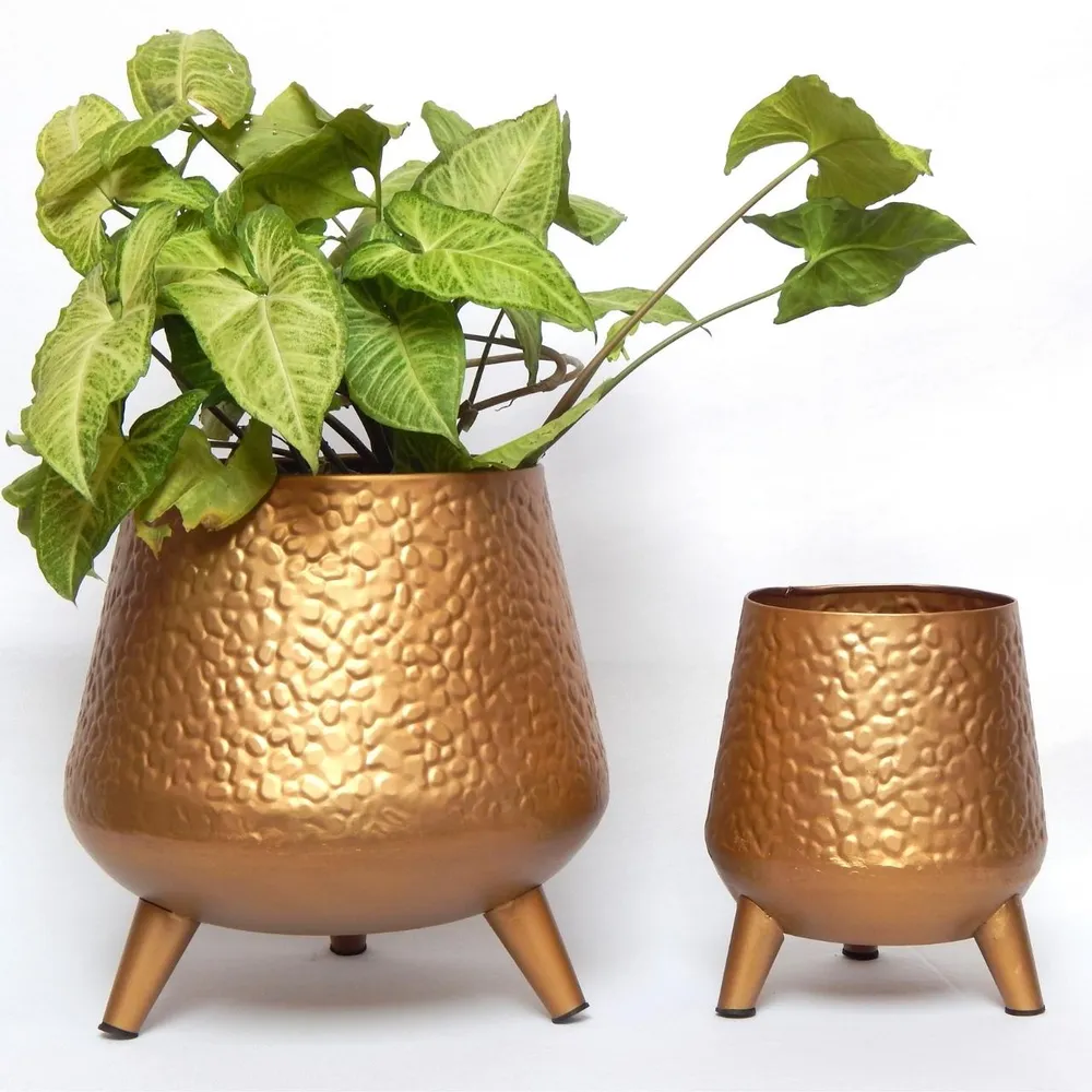 Golden Hand-hammered Set of 2 Indoor Metal Plant Stand with Pot