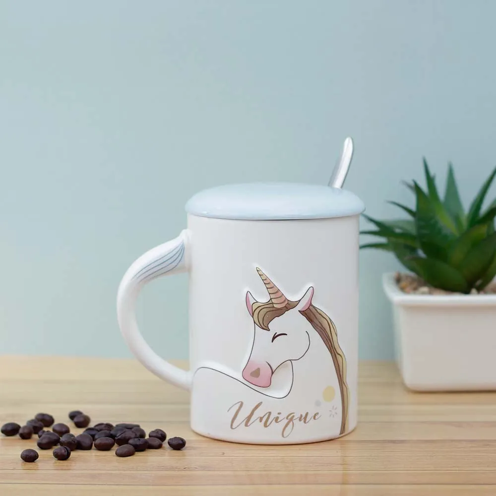 Golden Horned Unicorn Mug With Lid & Spoon