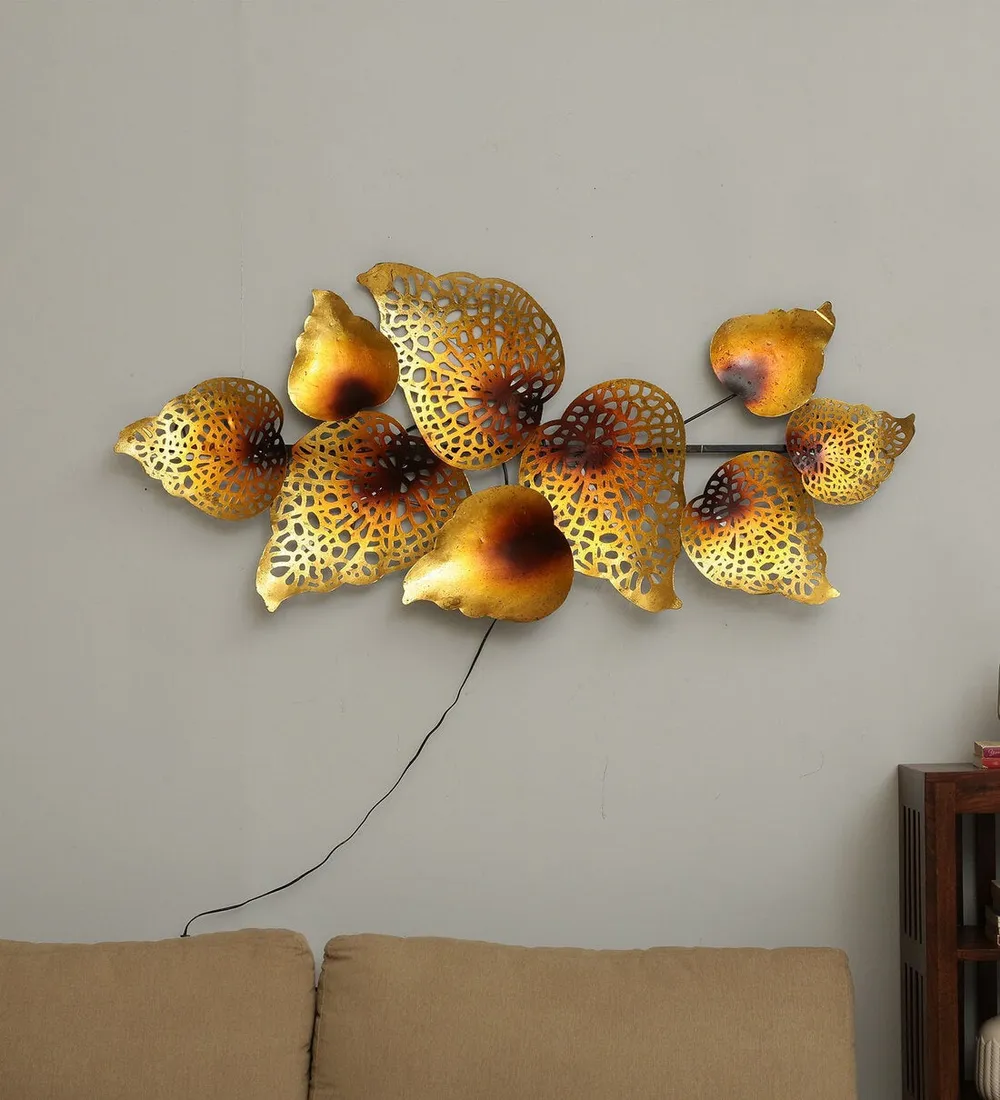 Golden Intricate Designer Leaf LED Metal Wall Art