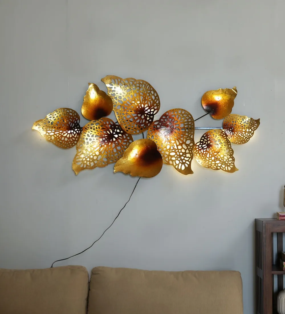 Golden Intricate Designer Leaf LED Metal Wall Art