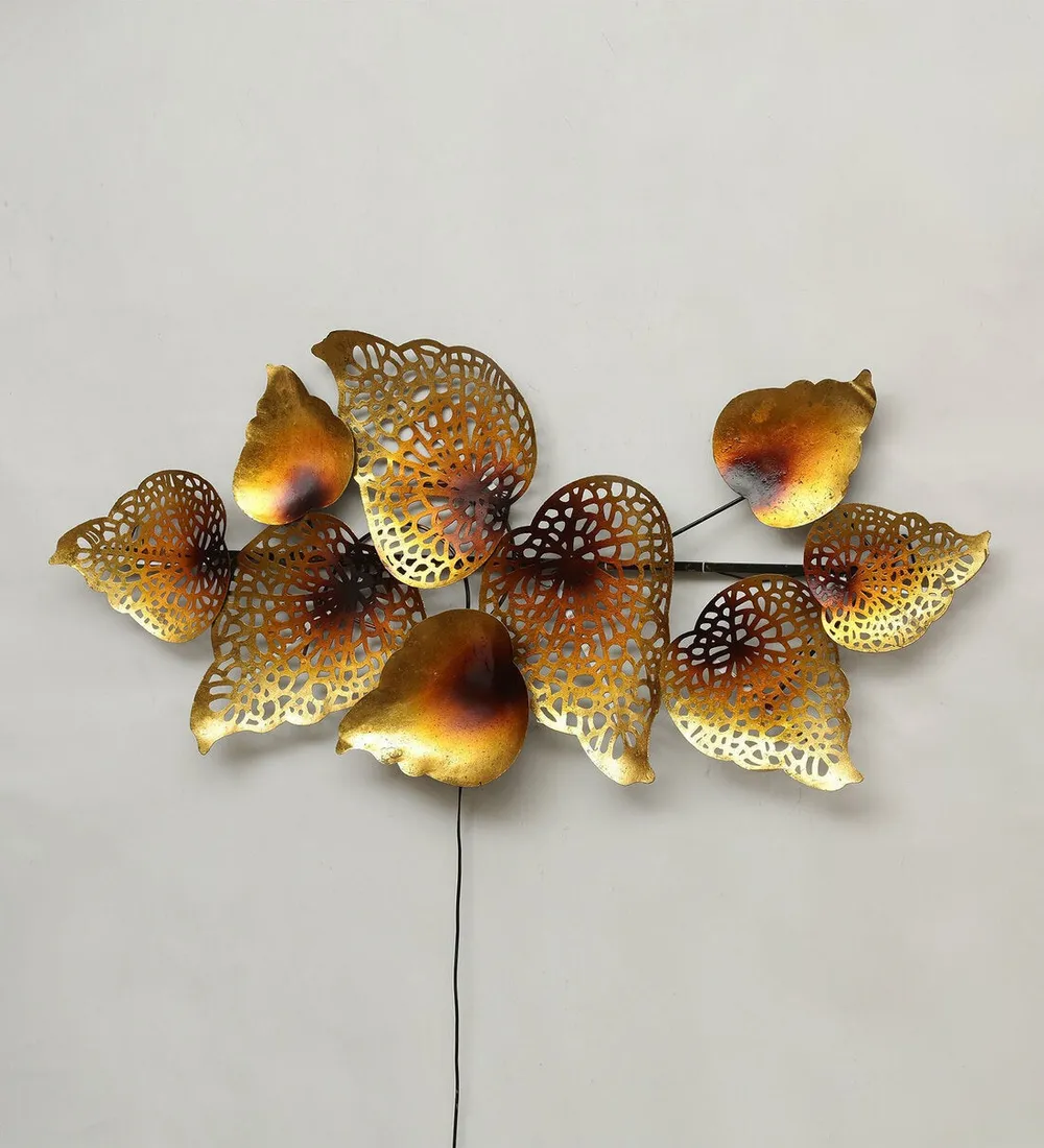 Golden Intricate Designer Leaf LED Metal Wall Art