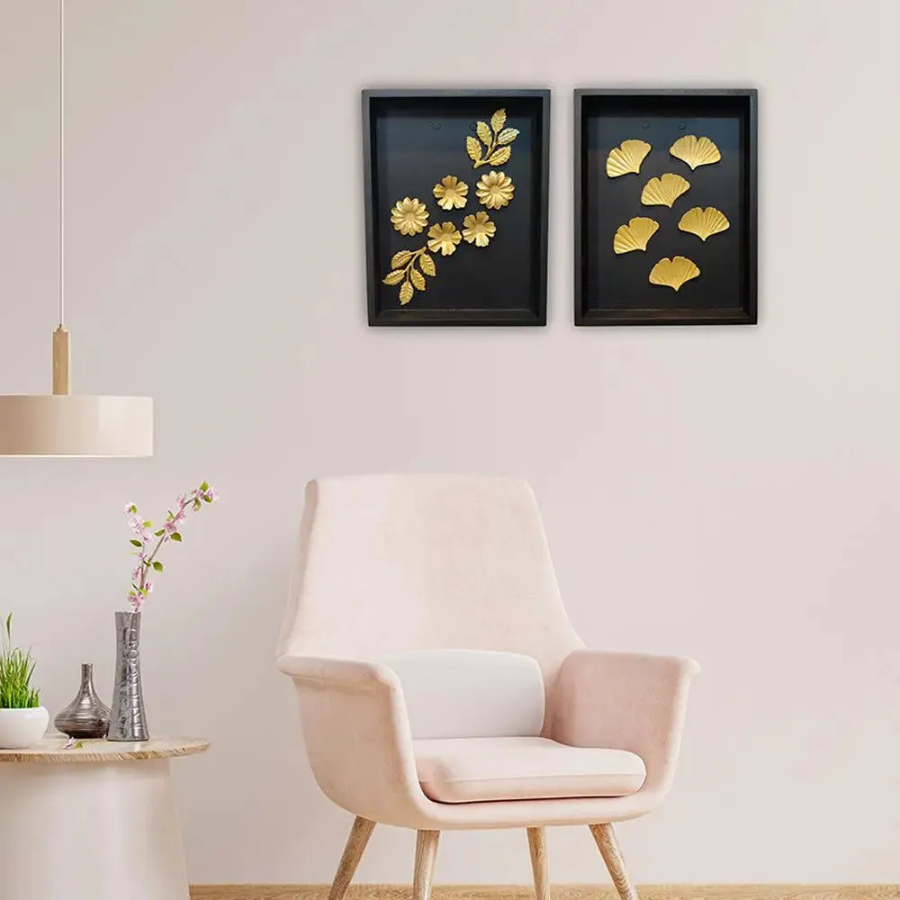 Golden Leaf &amp; Flower Wall Art in Black Wooden Box Frame- Set of 2