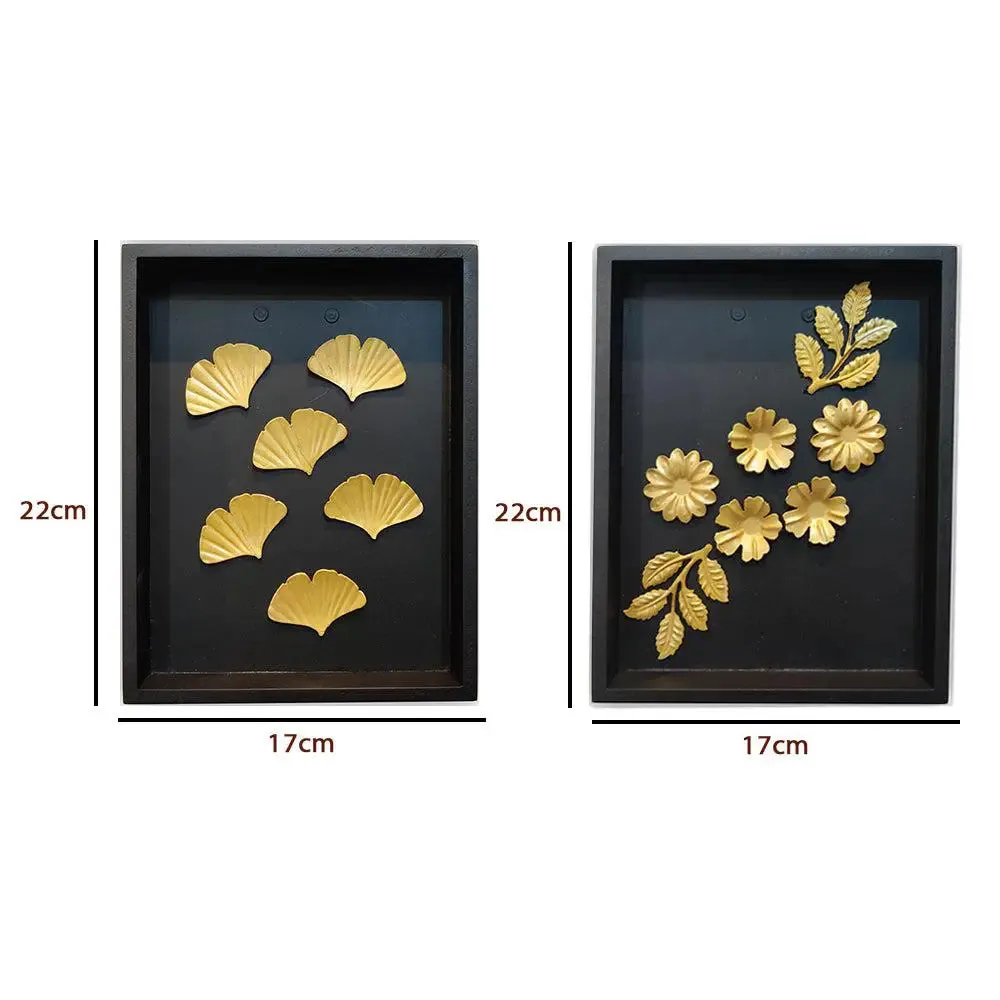 Golden Leaf &amp; Flower Wall Art in Black Wooden Box Frame- Set of 2