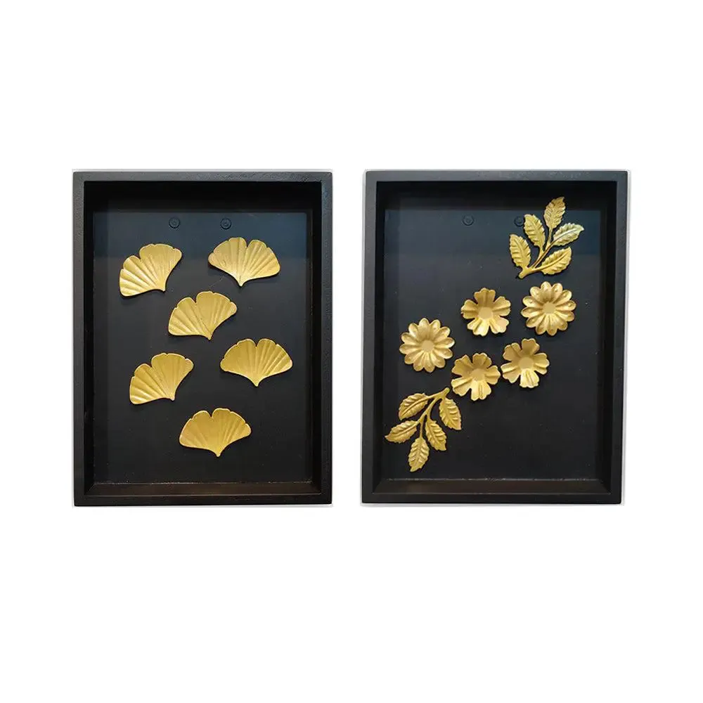 Golden Leaf &amp; Flower Wall Art in Black Wooden Box Frame- Set of 2