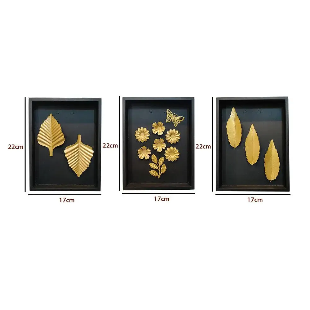 Golden Leaf &amp; Flower Wall Art in Black Wooden Box Frame- Set of 3