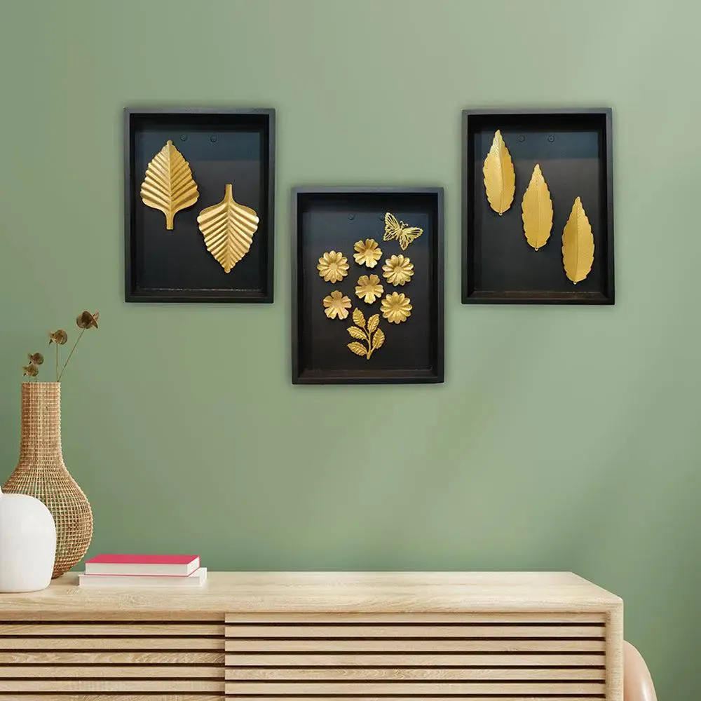 Golden Leaf &amp; Flower Wall Art in Black Wooden Box Frame- Set of 3