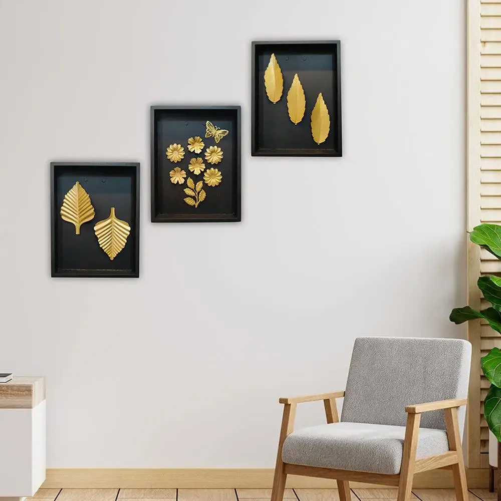 Golden Leaf &amp; Flower Wall Art in Black Wooden Box Frame- Set of 3