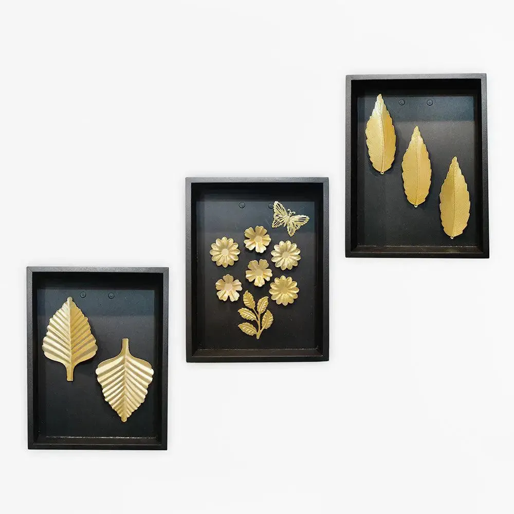 Golden Leaf &amp; Flower Wall Art in Black Wooden Box Frame- Set of 3