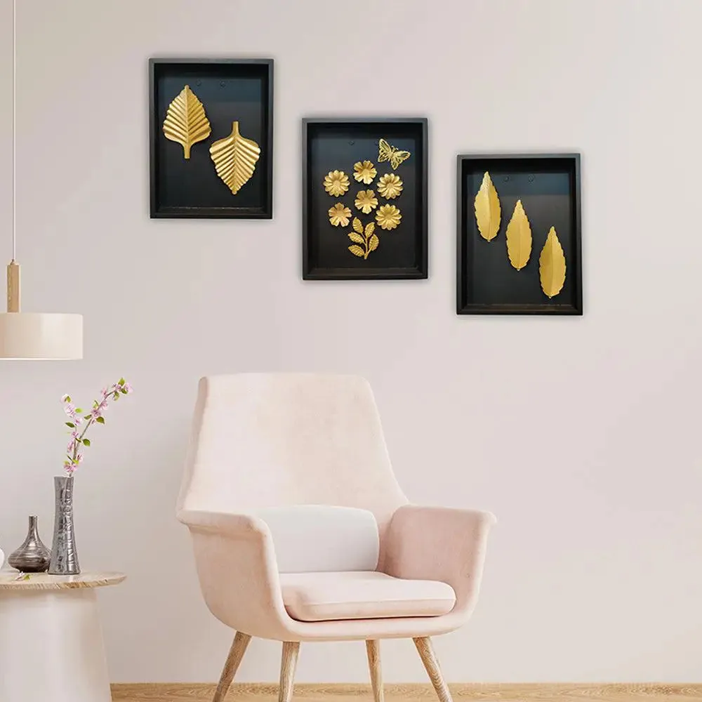 Golden Leaf &amp; Flower Wall Art in Black Wooden Box Frame- Set of 3