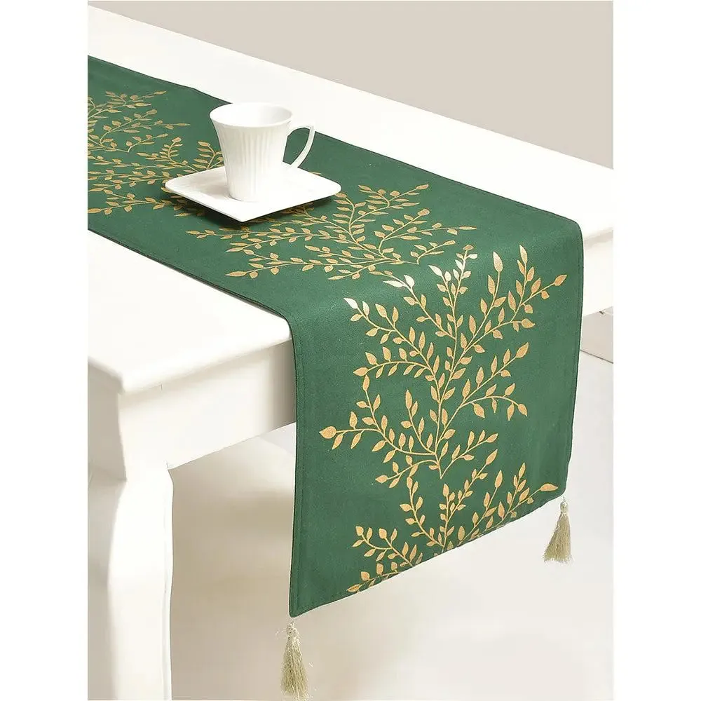 Golden Leaves Carved Green Cotton Table Runner