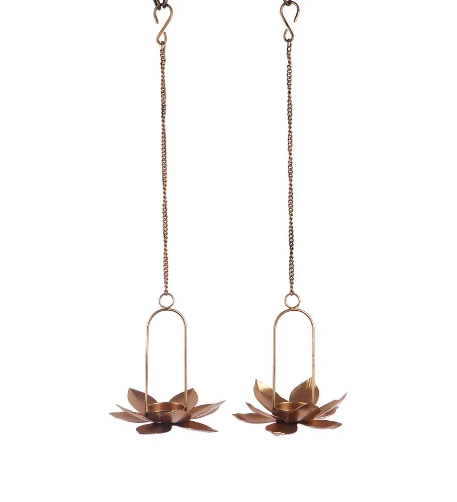 Golden Lotus Hook Golden Tea Light Candle Holders Set Of 2
