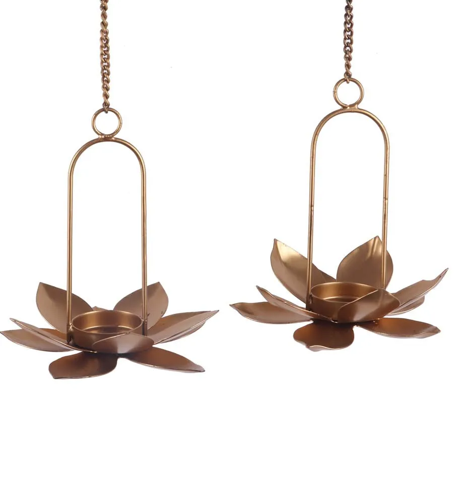 Golden Lotus Hook Golden Tea Light Candle Holders Set Of 2