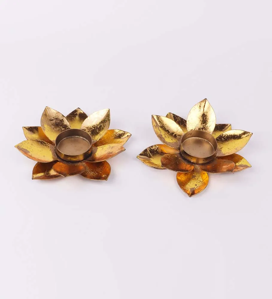 Golden Lotus Metal Tea Light Candle Holders Set of 2