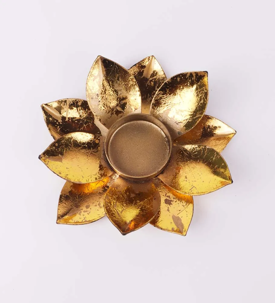 Golden Lotus Metal Tea Light Candle Holders Set of 2