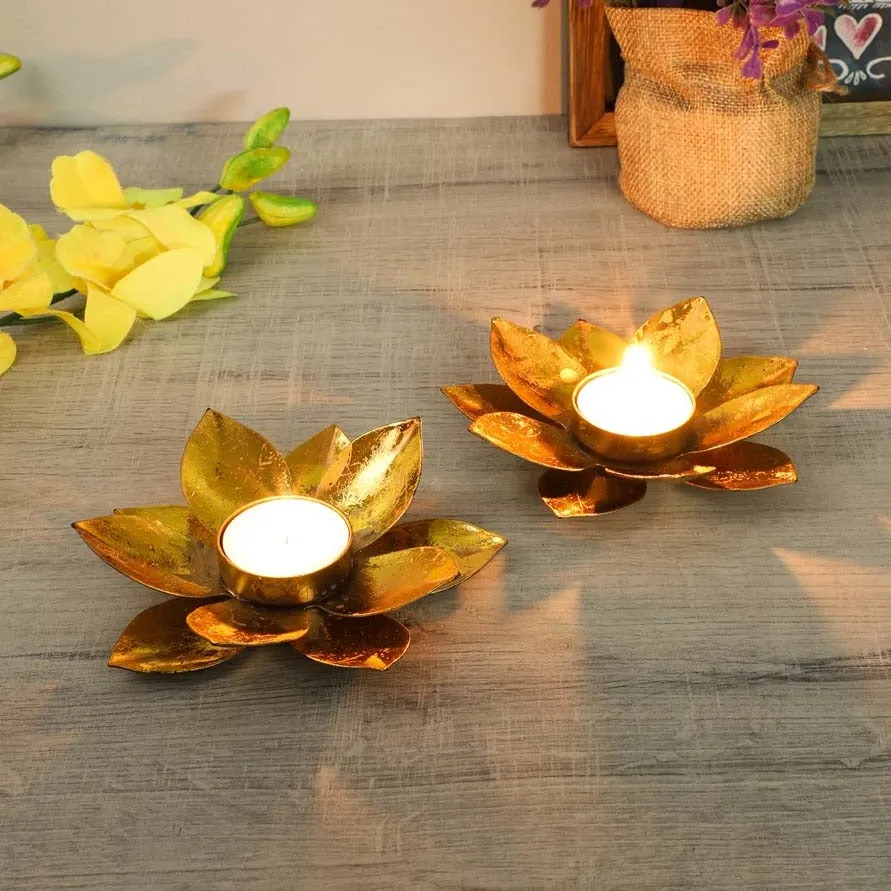 Golden Lotus Metal Tea Light Candle Holders Set of 2