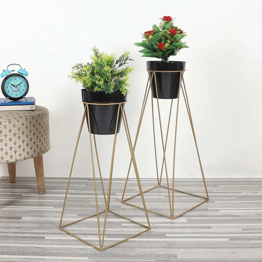 Golden Metal Plant Pots With Wide Golden Stands Set Of 2