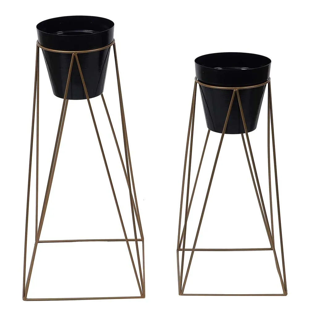 Golden Metal Plant Pots With Wide Golden Stands Set Of 2