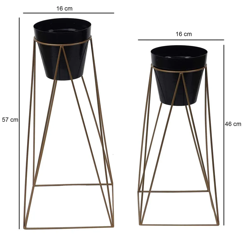 Golden Metal Plant Pots With Wide Golden Stands Set Of 2