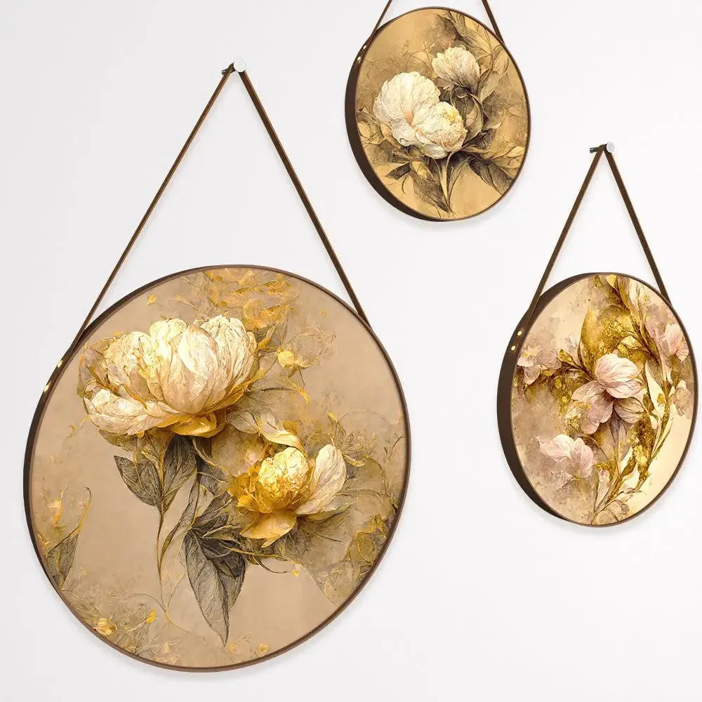 Golden Peony Flower Round Framed Wall Art Set of 3