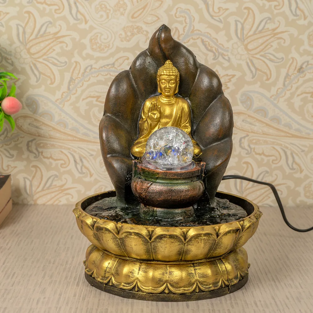 Golden Polyresin Meditating Buddha Indoor Water Fountain