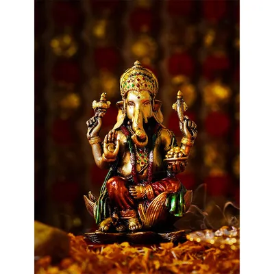 Golden & Red Decorative Lord Ganesh Idol