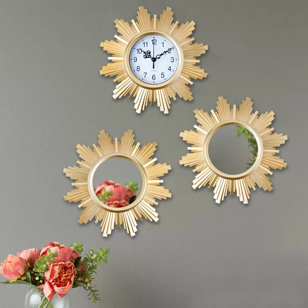 Golden Ripped Sunflower Designer Wall Clock & Mirror Set Of 3