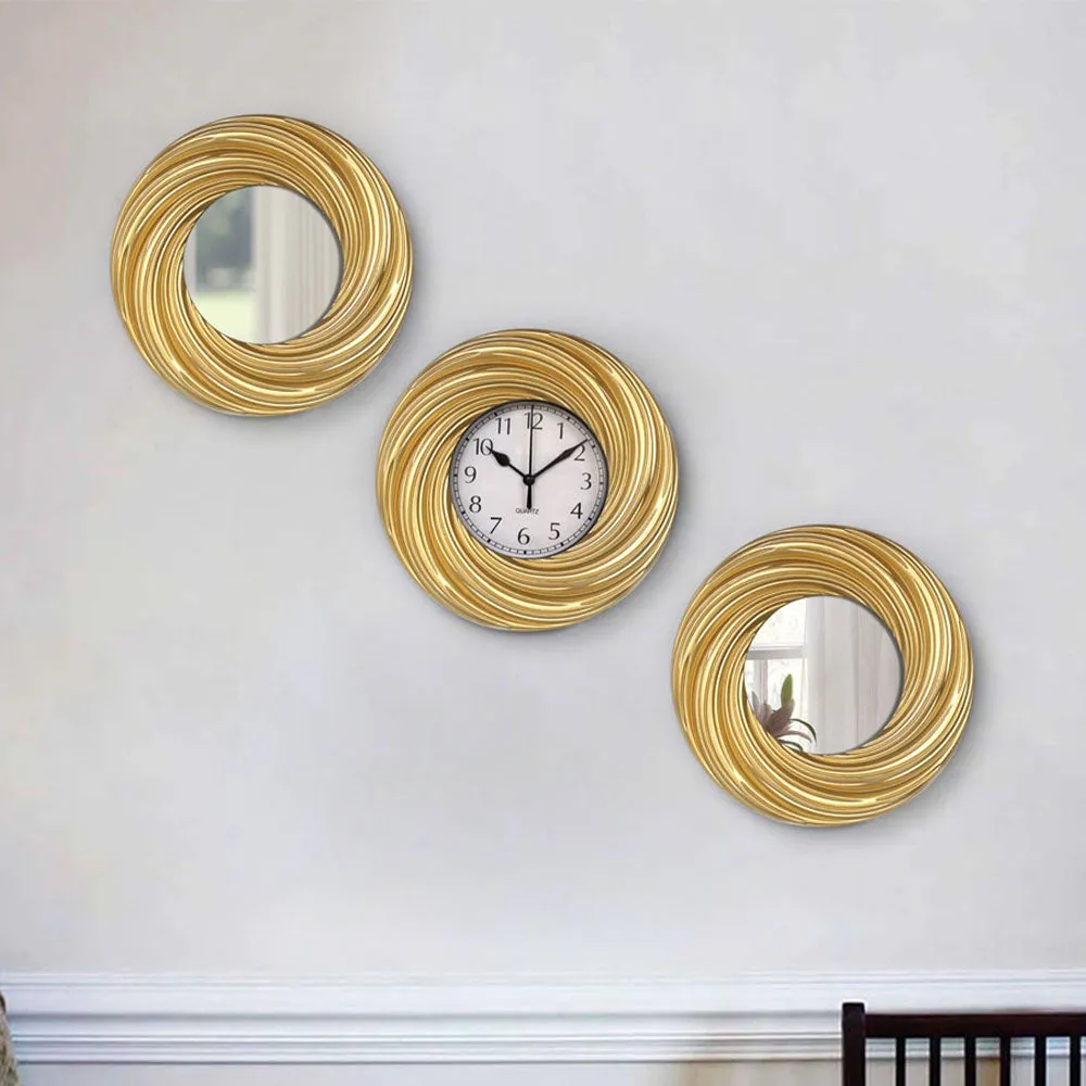Golden Swirling Designer Analogue Wall Clock & Mirror Set Of 3