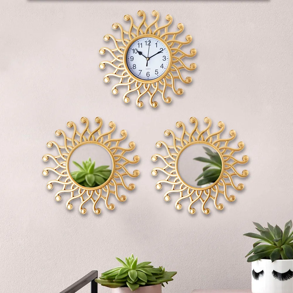 Golden Swirling Round Designer Wall Clock & Mirror Set Of 3
