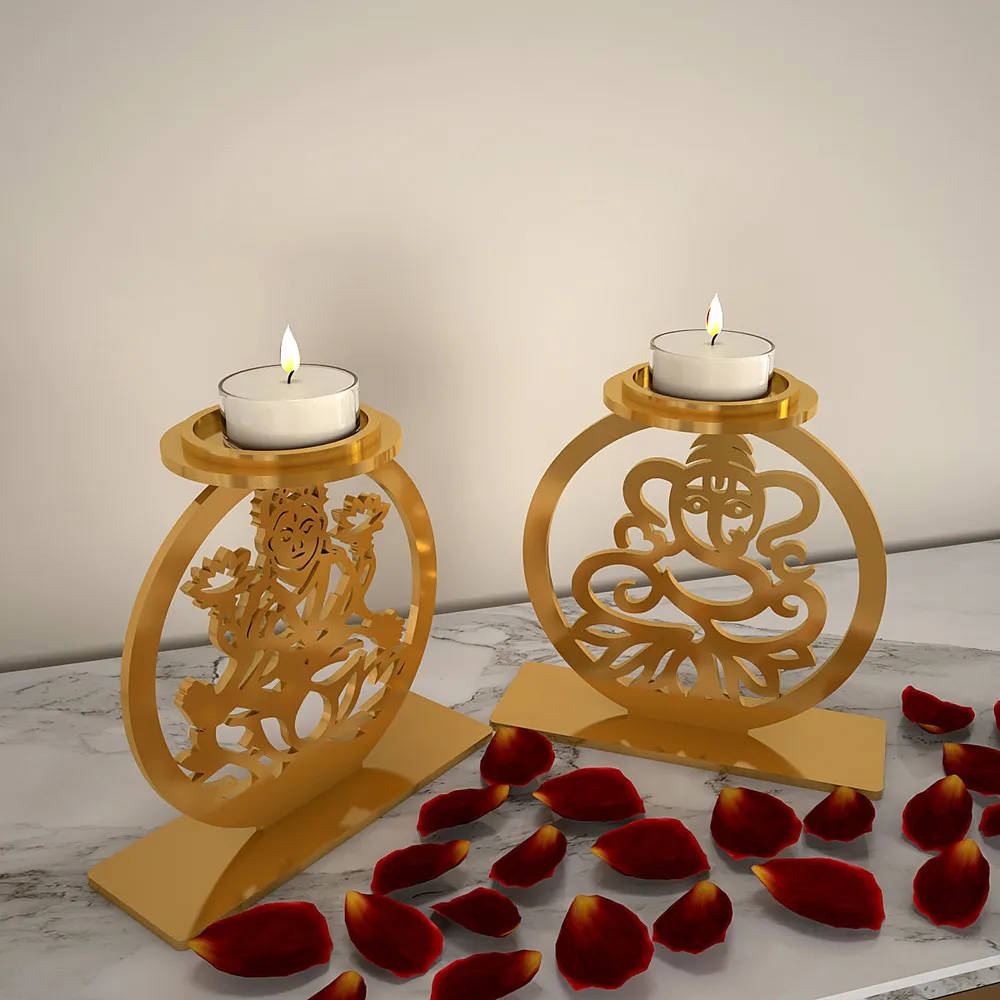 Golden Tea Light Holders In Laxmi & Ganesh Design Set Of 2
