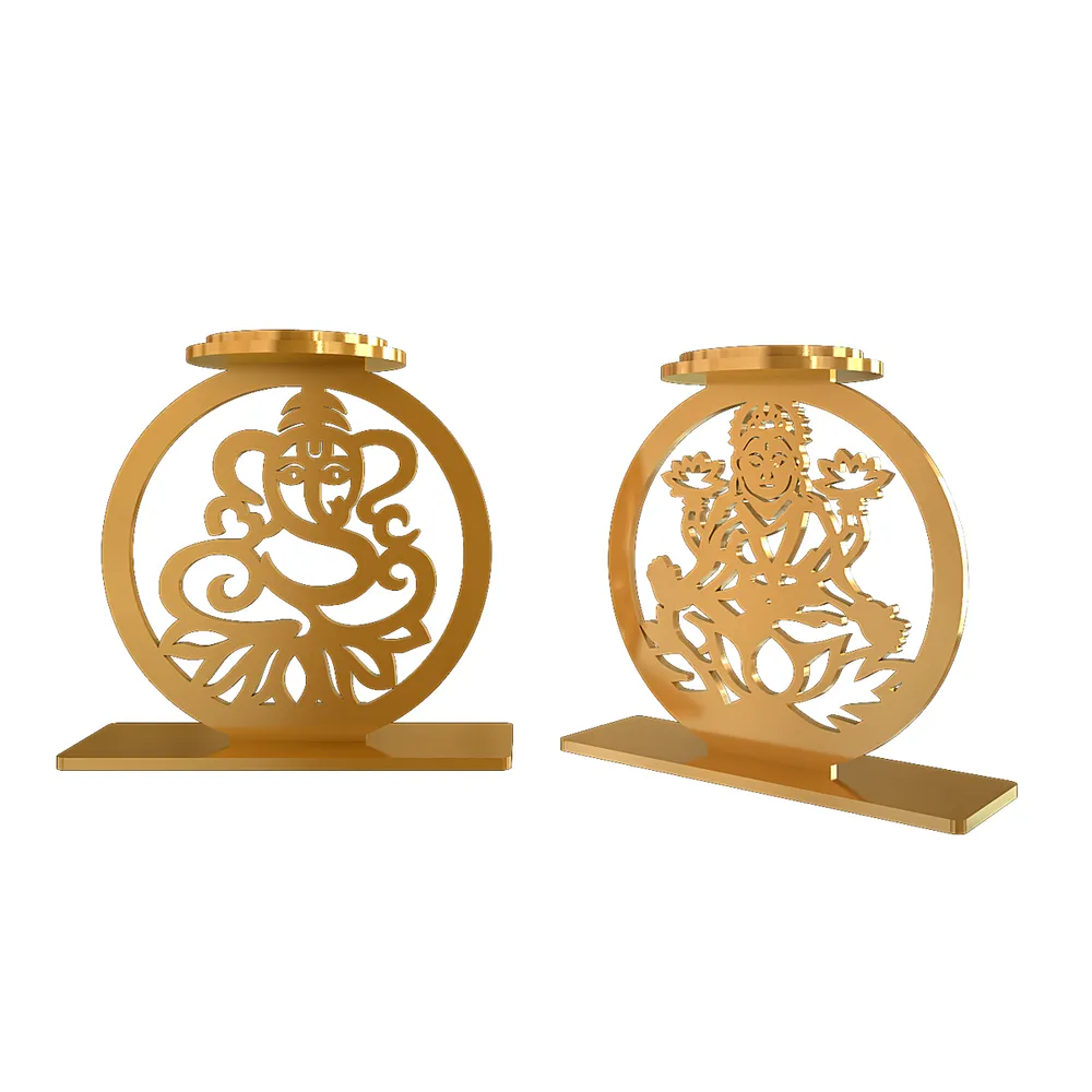 Golden Tea Light Holders In Laxmi & Ganesh Design Set Of 2