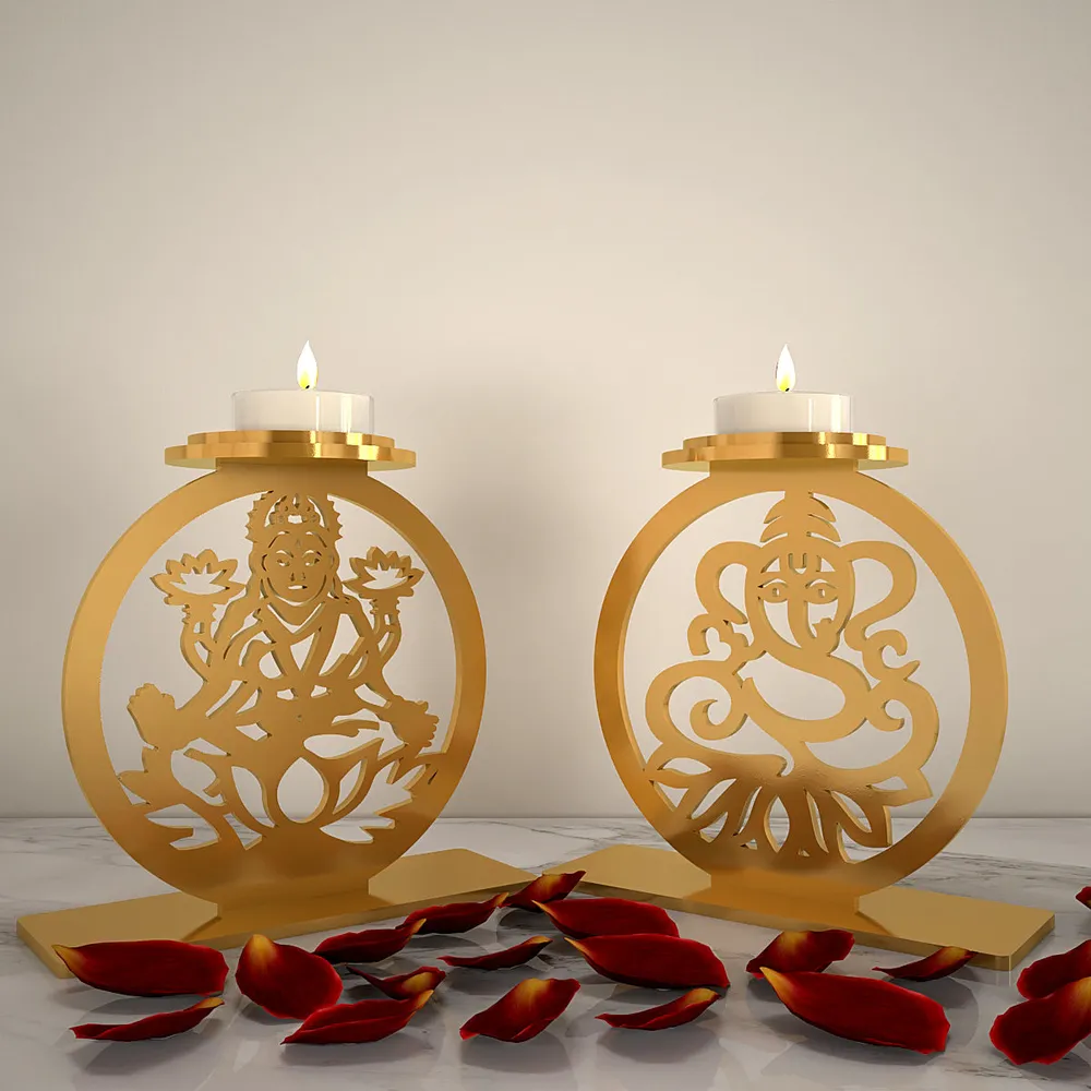 Golden Tea Light Holders In Laxmi & Ganesh Design Set Of 2