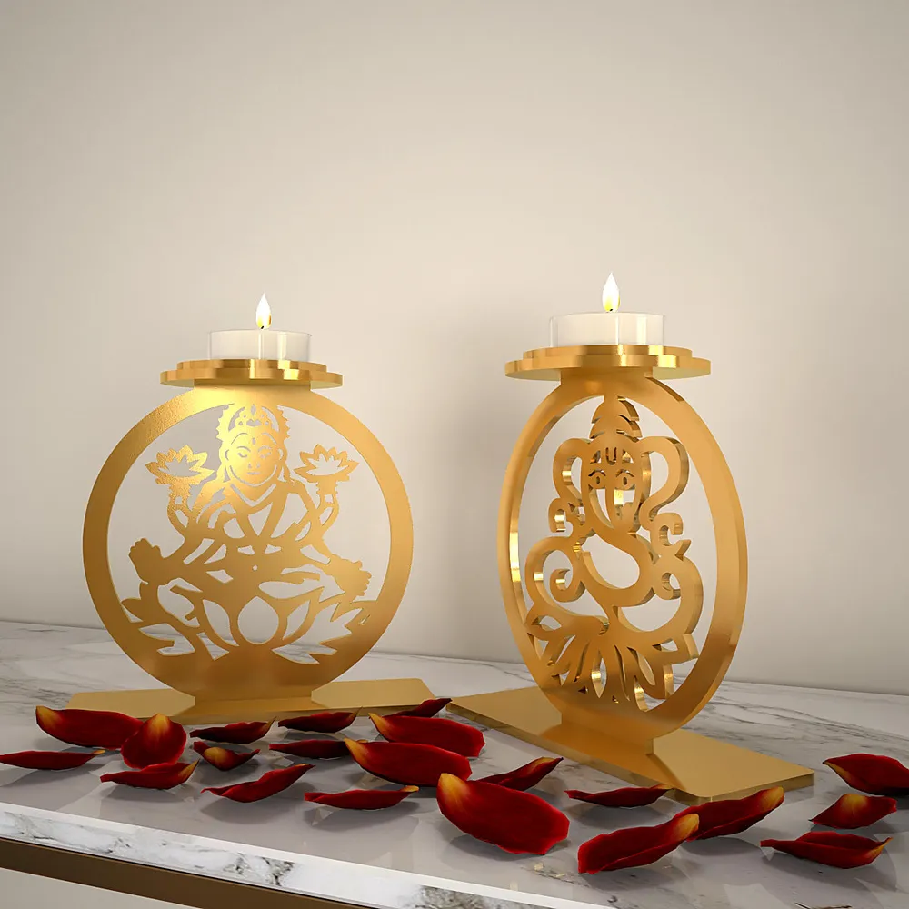 Golden Tea Light Holders In Laxmi & Ganesh Design Set Of 2
