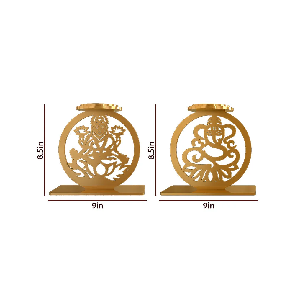 Golden Tea Light Holders In Laxmi & Ganesh Design Set Of 2