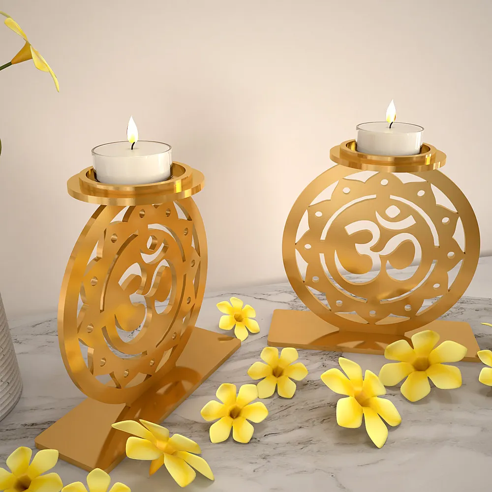 Golden Tea Light Holders In Om Design Set Of 2