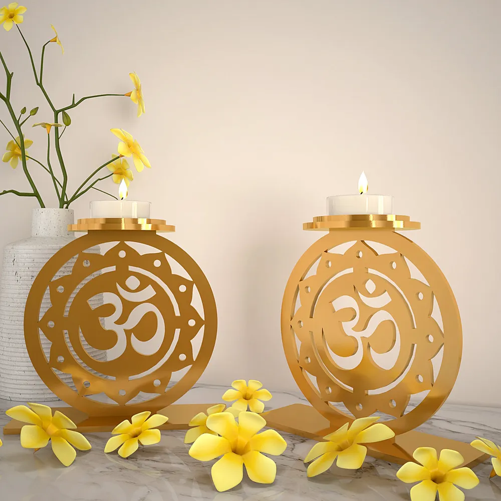 Golden Tea Light Holders In Om Design Set Of 2