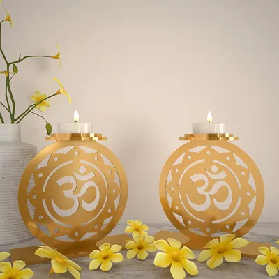Golden Tea Light Holders In Om Design Set Of 2