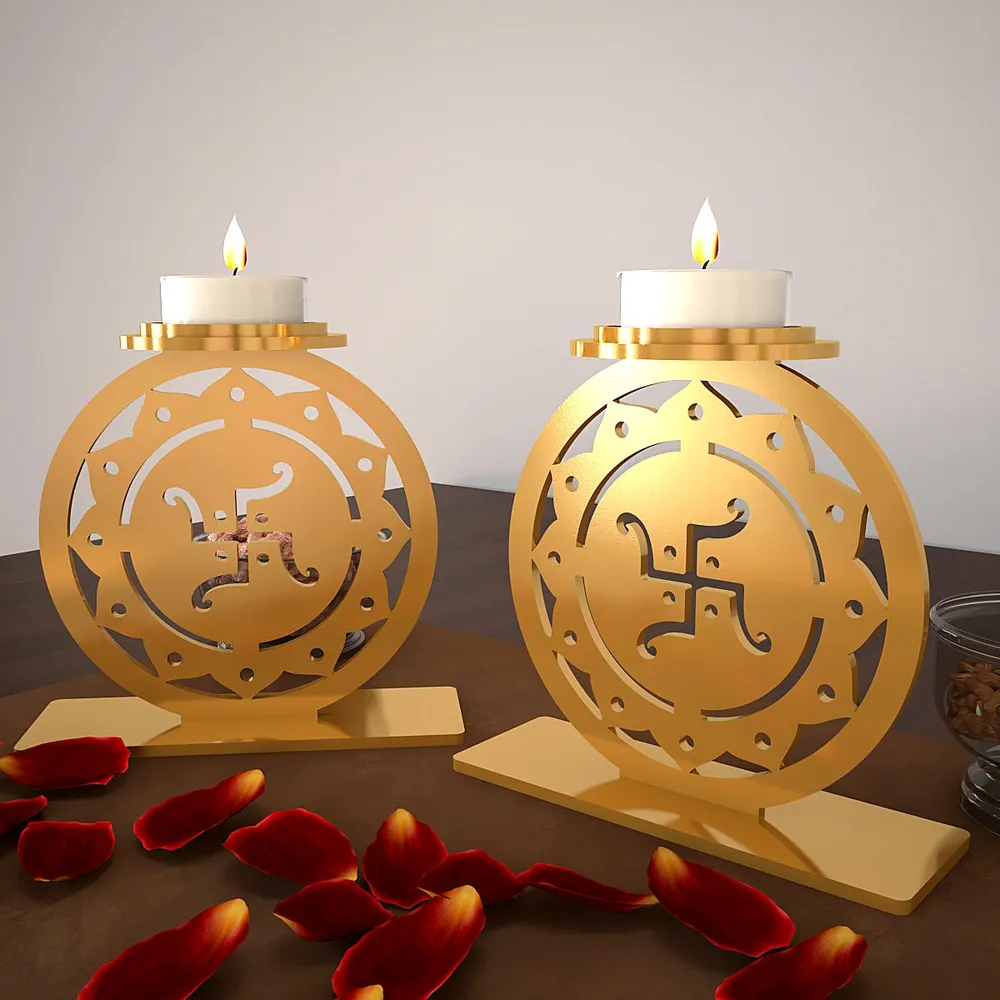 Golden Tea Light Holders In Swastik Design Set Of 2