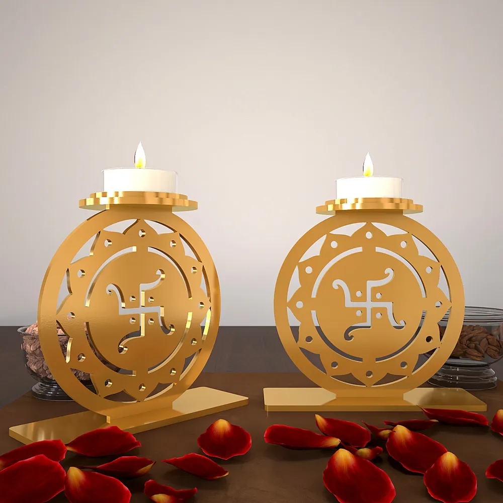 Golden Tea Light Holders In Swastik Design Set Of 2