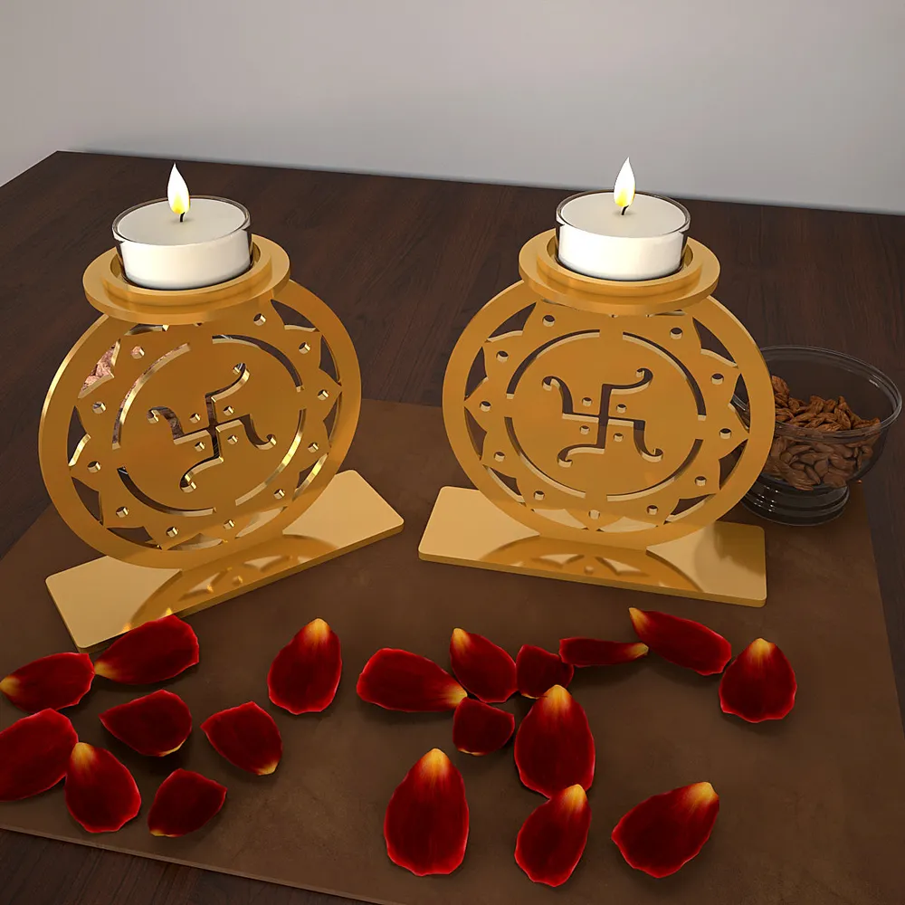 Golden Tea Light Holders In Swastik Design Set Of 2