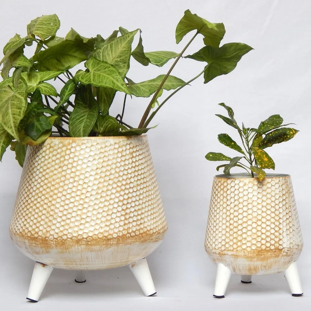 Golden Textured Set of 2 Indoor Metal Plant Stand with Pot