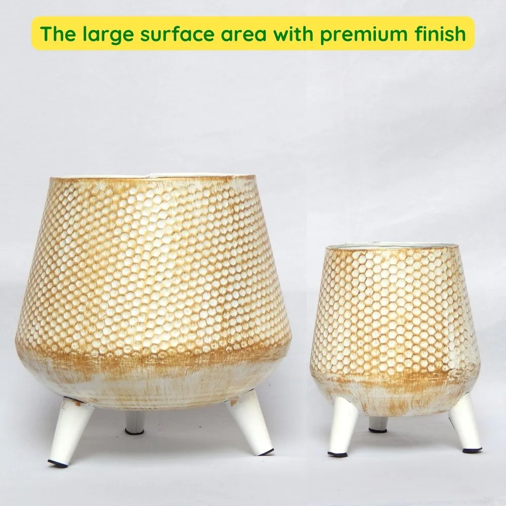 Golden Textured Set of 2 Indoor Metal Plant Stand with Pot