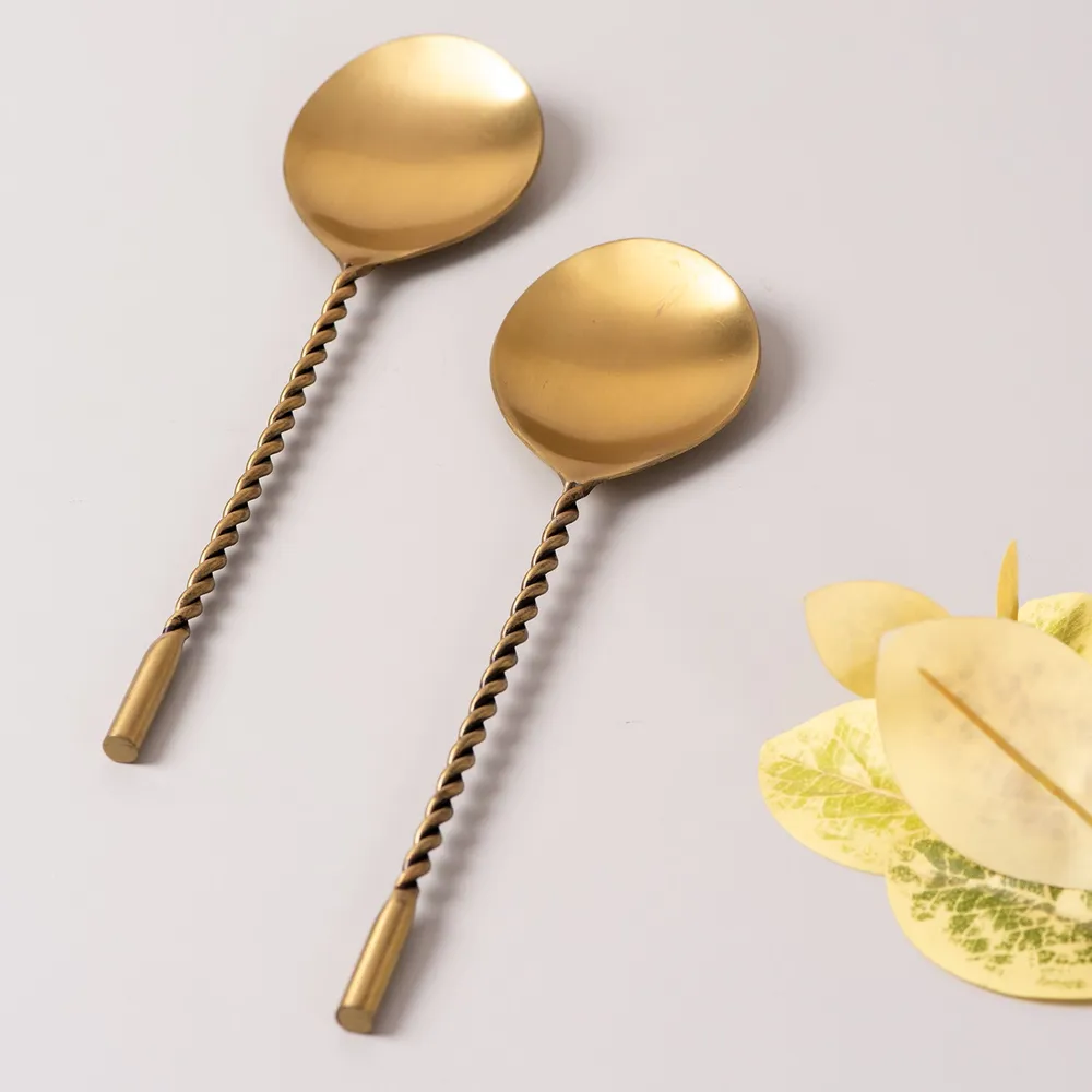 Golden Twisted Stainless Steel Serving Spoon Set Of 2