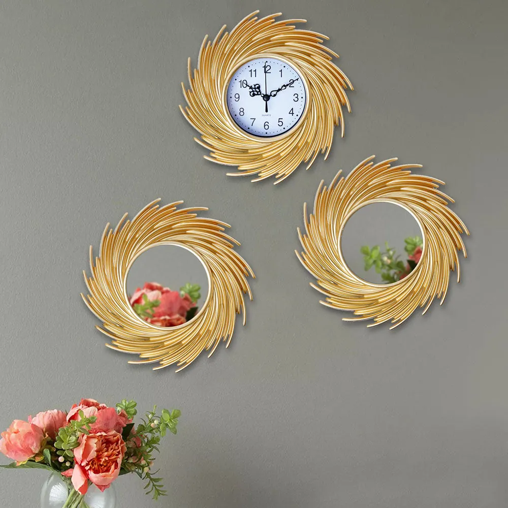 Golden Whirlpool Designer Wall Clock & Mirror Set Of 3