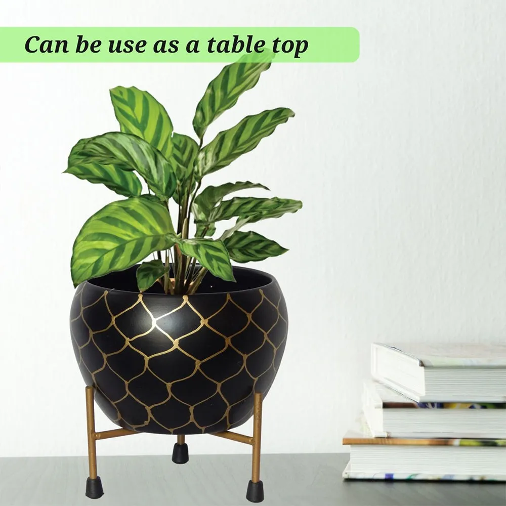 Golden & White Abstract Pattern Indoor Metal Plant Stand with Pot (Set of 2)