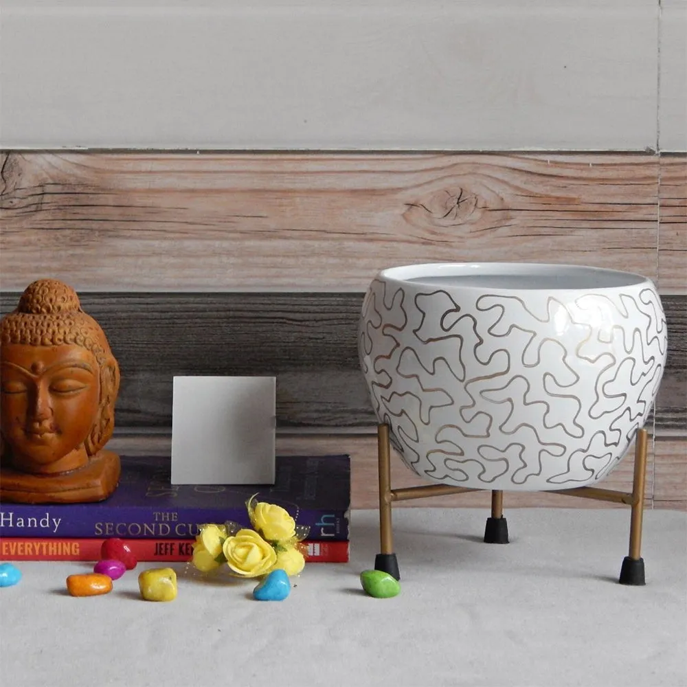 Golden & White Abstract Pattern Indoor Metal Plant Stand with Pot (Set of 2)