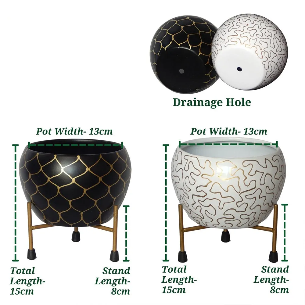 Golden & White Abstract Pattern Indoor Metal Plant Stand with Pot (Set of 2)