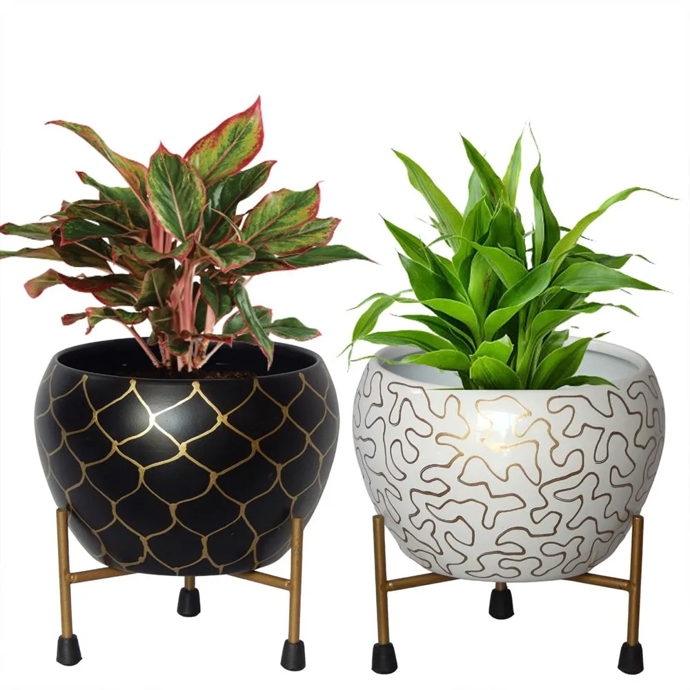 Golden & White Abstract Pattern Indoor Metal Plant Stand with Pot (Set of 2)